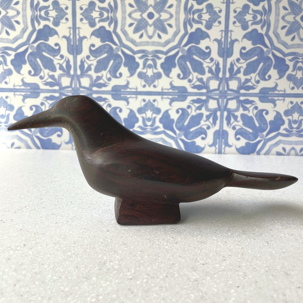 Vintage Hand Carved Wooden Bird Dark Wood Rustic Home Woodland Cabincore MCM Art